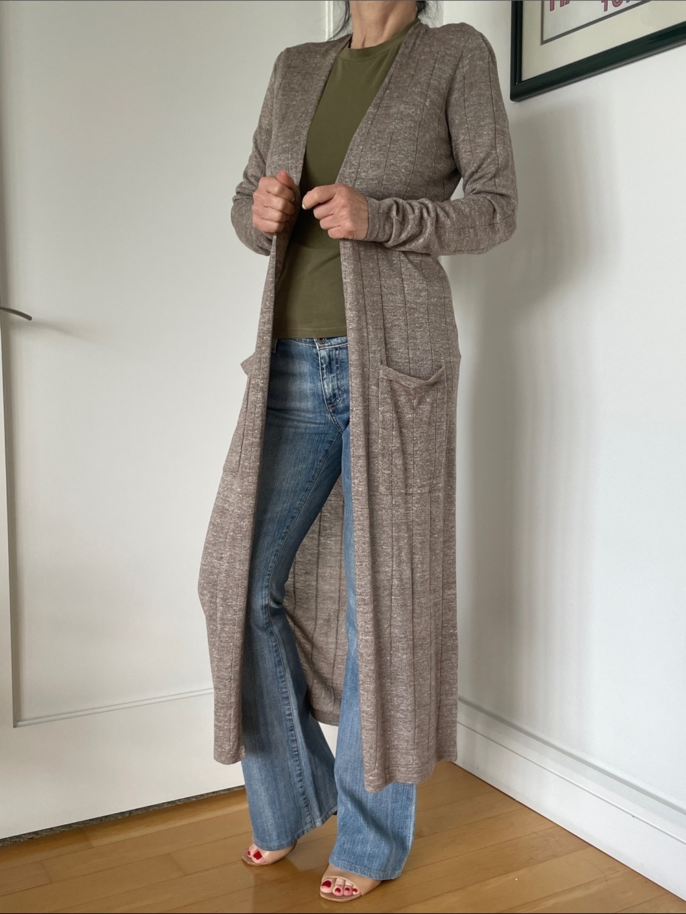 Theory Torina Rib open front wool linen long duster Cardigan